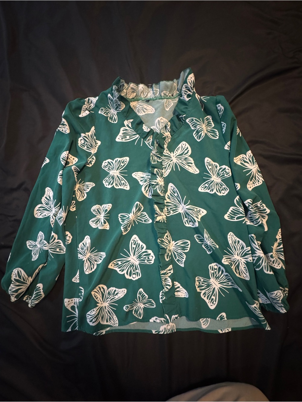 Green Butterfly Print Ruffle Blouse